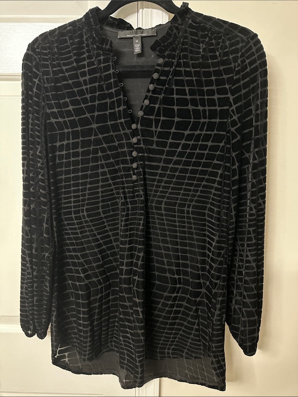 White House Black Market Black Velvet Grid-Pattern Blouse